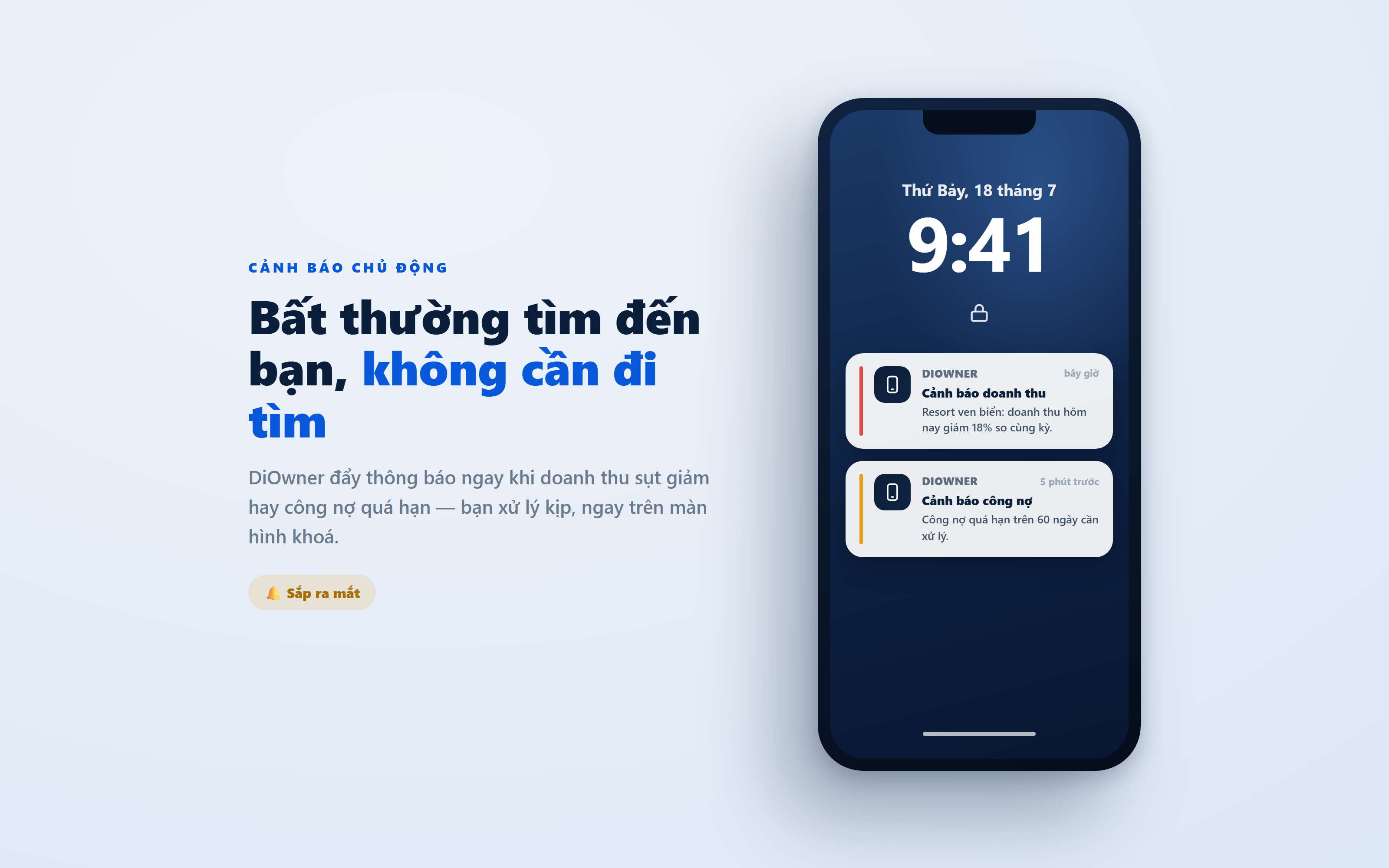 Thông báo đẩy DiOwner trên điện thoại cảnh báo doanh thu giảm và công nợ quá hạn